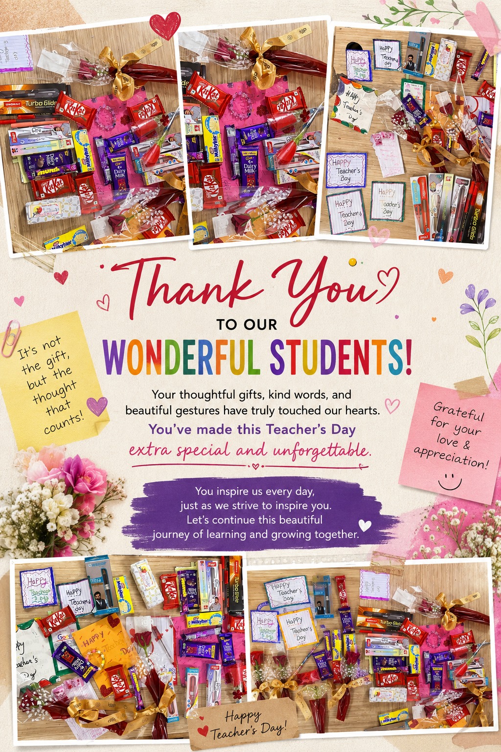 Teacher's Day gifts and handwritten notes from SCC Classes students